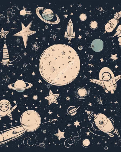 Outer space with stars and dream symbols, representing exploration.