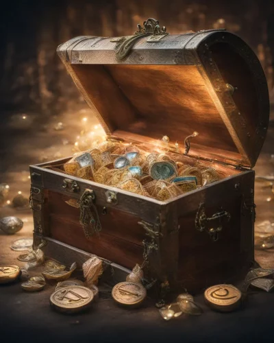 A treasure chest opening to reveal dream symbols, representing hidden wealth.