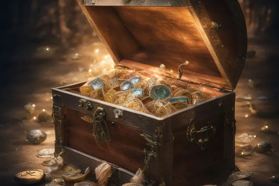 A treasure chest opening to reveal dream symbols, representing hidden wealth.