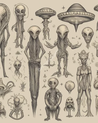 Aliens with mysterious symbols, representing the unknown.