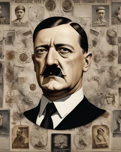 A figure resembling Hitler, surrounded by historical symbols.