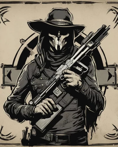An outlaw with rebellion symbols, representing defiance.