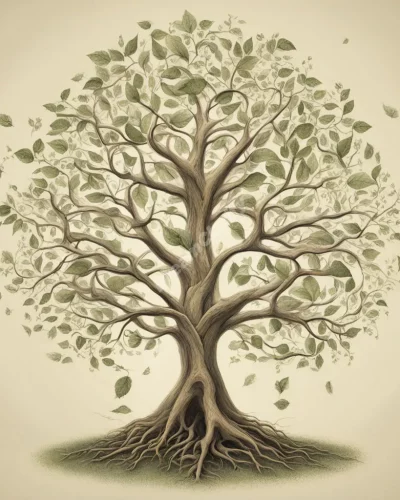 Trees growing with life symbols, representing growth.