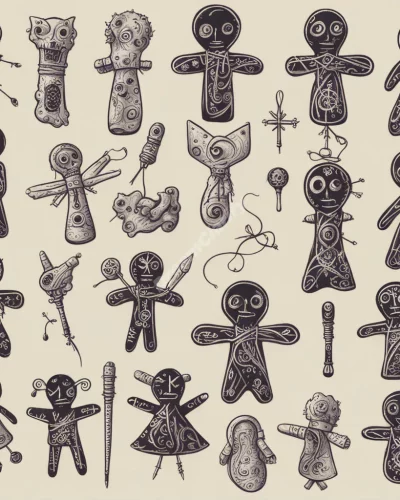 Voodoo dolls with mystical symbols, representing control.