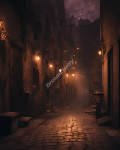 A dimly lit alley with hidden symbols, representing mystery in alley dreams.