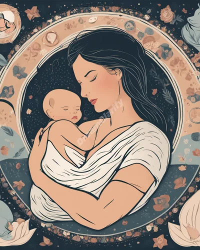 A mother breastfeeding, surrounded by nurturing symbols, representing care in breastfeeding dreams.