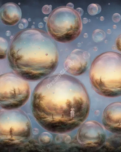 Nested dream bubbles, each revealing a different scene, representing dreams within dreams.