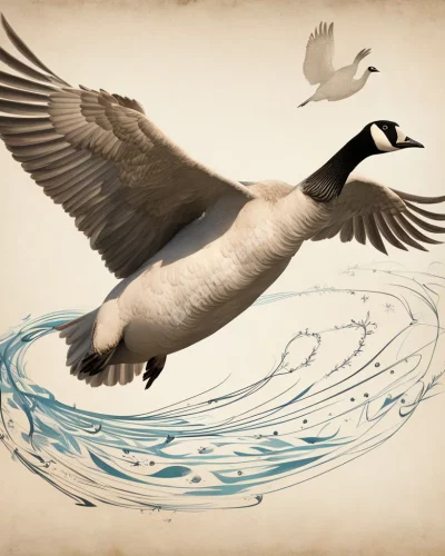 A goose in flight, leaving a trail of dream symbols, representing intuition.