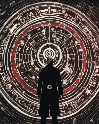 A shadowy figure with a target, surrounded by mystery symbols, representing hitman dreams.