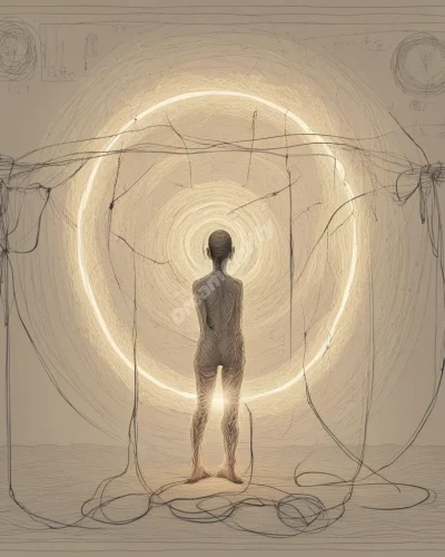 A figure bound by glowing ropes, surrounded by symbols of limitation, representing restraint.