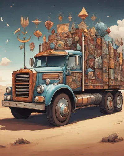 A truck carrying various dream symbols, representing journey and transportation.