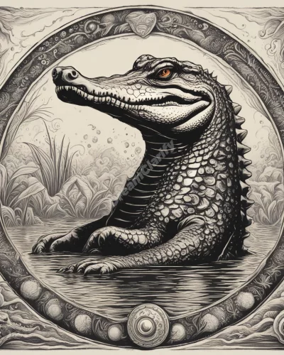 An alligator emerging from water, surrounded by primal symbols, representing instinct and fear.