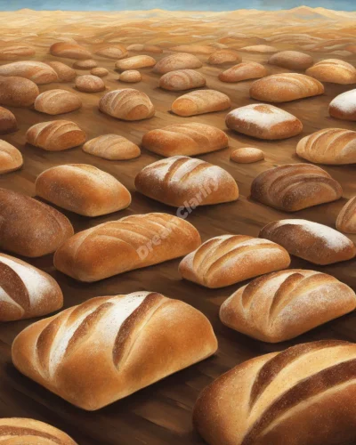 Loaves of bread forming dream landscapes, representing nourishment and comfort.