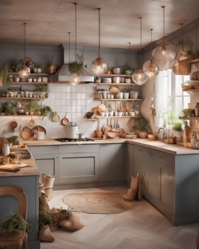 A kitchen with magical ingredients creating dream symbols, representing transformation.