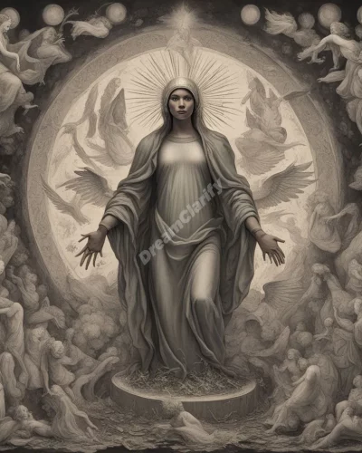 A figure rising from ashes, surrounded by symbols of rebirth, representing resurrection.