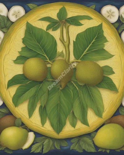 A breadfruit transforming into various dream symbols, representing abundance and nourishment.