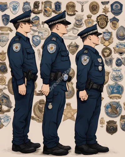 Police officers with badges revealing dream scenes, representing authority and protection.