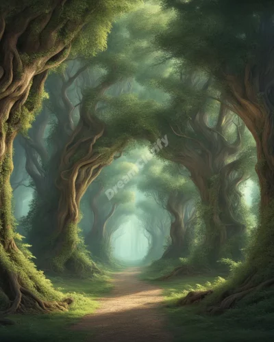 A forest with trees forming archways to different dream realms, representing exploration.