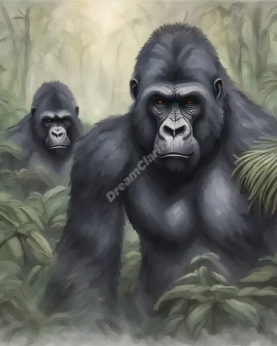 Gorillas in a misty jungle, each revealing wisdom symbols, representing primal strength.