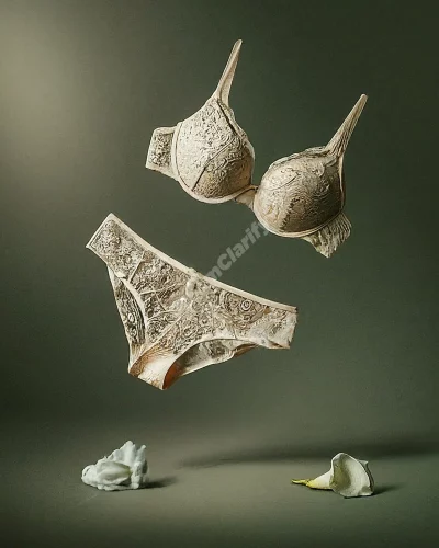 Lingerie items floating in a dreamy space, representing intimacy and hidden desires.