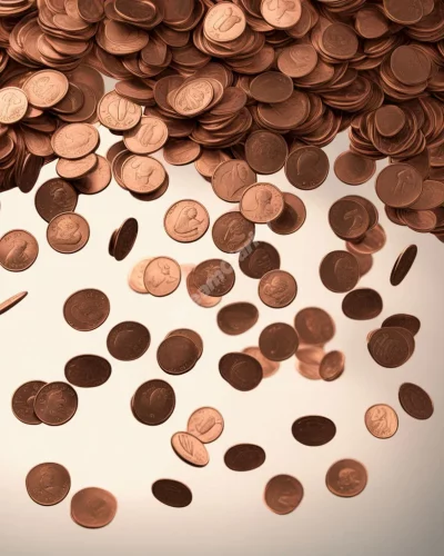 Pennies falling like rain, each coin revealing a dream symbol, representing small but valuable insights.