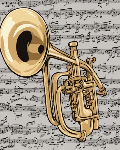 A trumpet emitting musical notes that form dream symbols, representing announcement and expression.