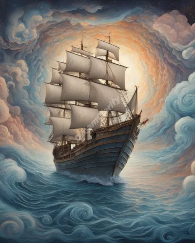 A ship sailing through different dreamscapes, representing life's journey.