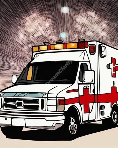 An ambulance with flashing lights revealing dream symbols, representing urgency and healing.