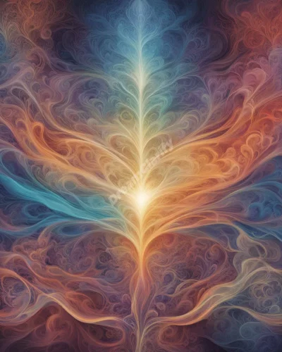 Breath visualized as colorful streams of dream symbols, representing life force and energy.