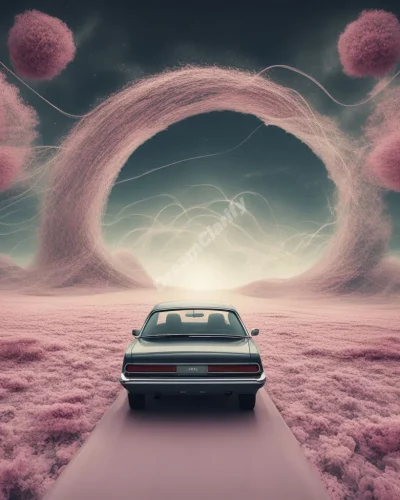 A car driving through changing dreamscapes, representing control and life direction.