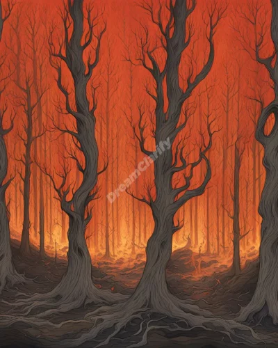 A forest engulfed in flames that form meaningful shapes, representing transformation and danger.