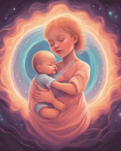 Arms cradling a baby made of glowing dream energy, representing nurturing and new beginnings.