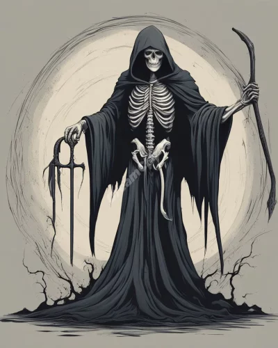 A grim reaper figure transforming into symbols of life, representing the cycle of existence.