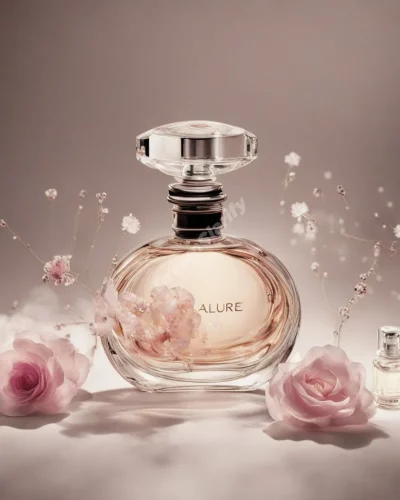 Perfume bottles releasing scent trails that form dream symbols, representing allure and memory.