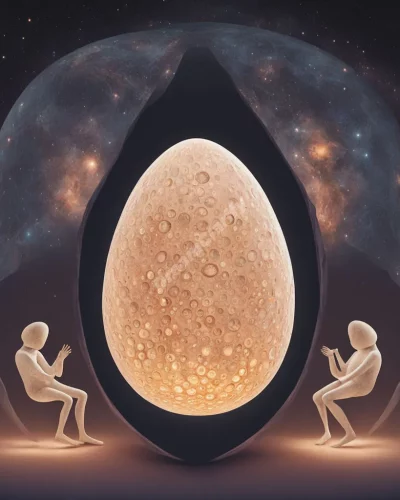 Three identical figures emerging from a cosmic egg, representing new beginnings and multiplication.