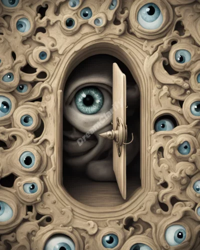 Eyes peering through keyholes revealing dream scenes, representing hidden observations.