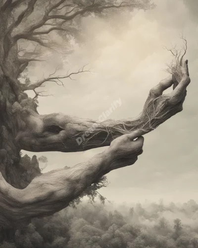 A limb being removed, revealing inner dream landscapes, representing loss and transformation.