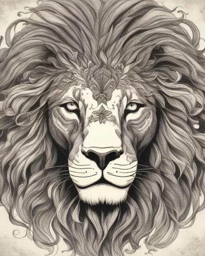 A majestic lion with a mane of dream symbols, representing courage and leadership.