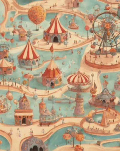 A whimsical amusement park with rides made of dream symbols, representing joy and adventure.