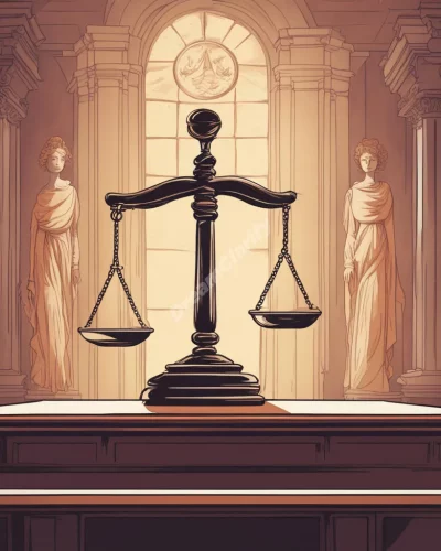 A courtroom with justice scales weighing dream symbols, representing judgment and fairness.