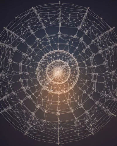 A web of internet connections forming a dream catcher, representing digital consciousness.