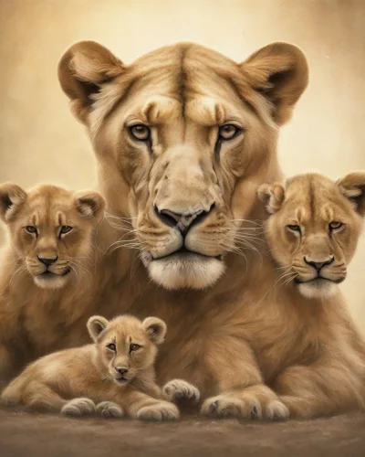 A lioness protecting cubs made of dream energy, representing feminine strength and nurturing.