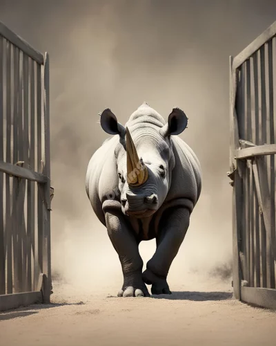 A rhino charging through barriers of doubt, revealing dream potential, representing strength.