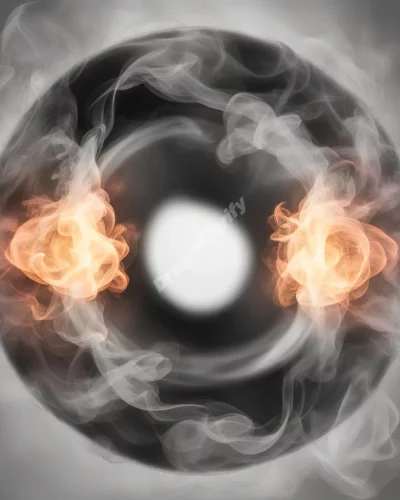 Smoke rings forming dream portals, representing addictive behaviors and escape.