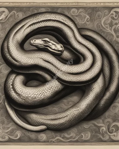 An anaconda coiling around dream symbols, representing powerful instincts and constricting fears.