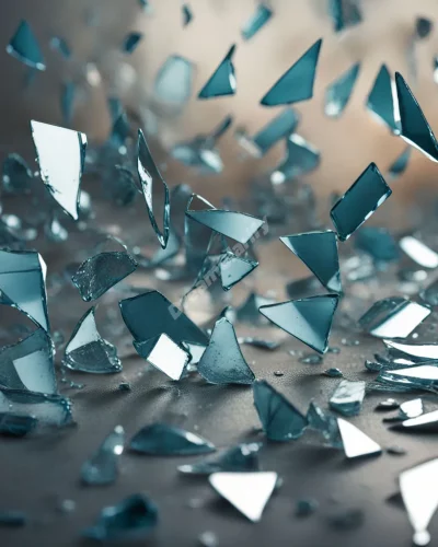 Shards of broken glass reflecting different dream realities, representing fragmented perceptions.