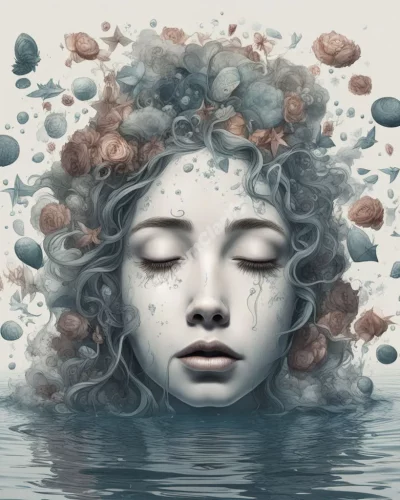 A figure submerged in water filled with dream symbols, representing overwhelming emotions.