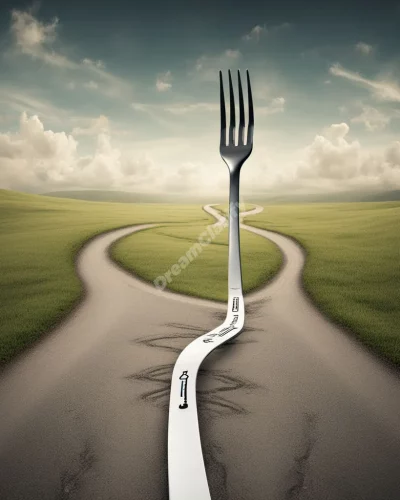 A fork in a road with each path revealing different dream possibilities, representing life choices.