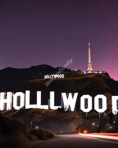 Hollywood sign glowing with dream imagery, symbolizing fame and illusion.