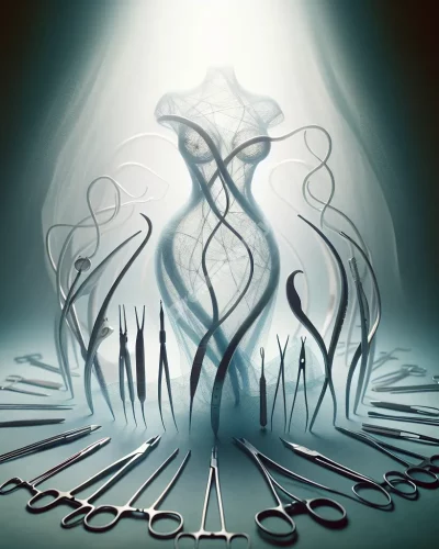 Medical tools sculpting a dreamy figure, symbolizing body image and transformation.